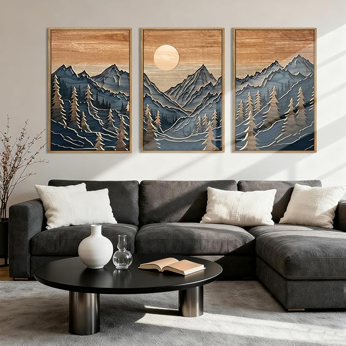 Anyzal Large Mountain Forest Wall Art Decor Framed Vintage Artwork Mid Century Modern Art Print for Living Room Bedroom Office 16x24 Inch Set of 3