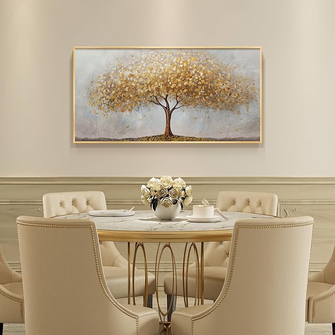 Large Framed Tree of Life Gold Wall Art, Large Canvas Prints Paintings Artwork for Walls, Modern Luxury Golden Big Tree Pictures for Living Room Fireplace Bedroom Kitchen Dining Room Office Wall Decor