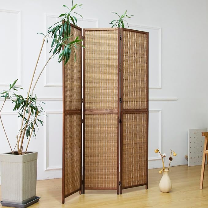 3 Panel Bamboo Room Divider and Folding Screen Divider,Two in One Detachable and Foldable Panel Divider for Room Separation,Brown,67" H x 46" W