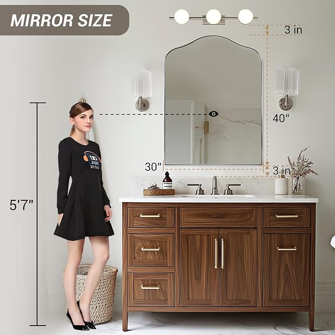 ANDY STAR Scalloped Arched Mirror, 30x40 Brushed Nickel Irregular Bathroom Mirror for Vanity, Asymmetrical Curved Top with Anti-Rust Stainless Steel Frame, for Entryway, Bedroom, Mantel, Fireplace