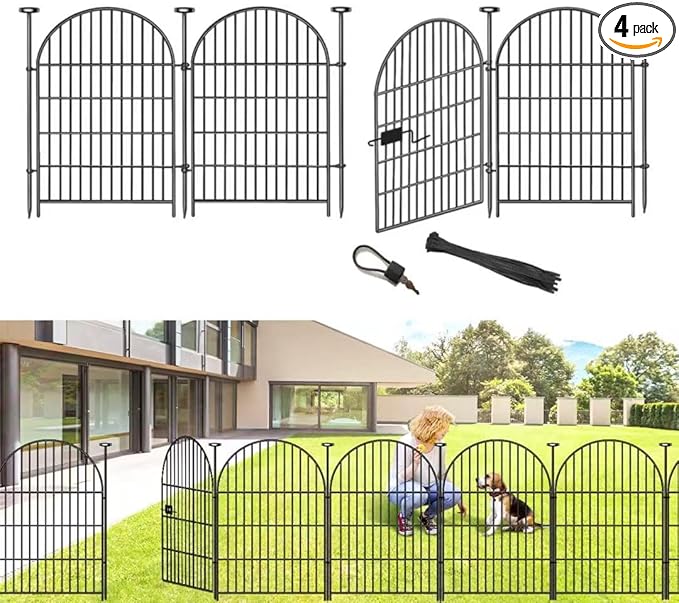 Adavin Tall Garden Fence Animal Barrier, 32 in(H) X 8.8 Ft(L) 4 Panels Dog Fences Outdoor for Yard, Black Heavy Duty Metal Temporary Fence, No Dig Garden Fencing for Yard Flower Bed Lawn Patio