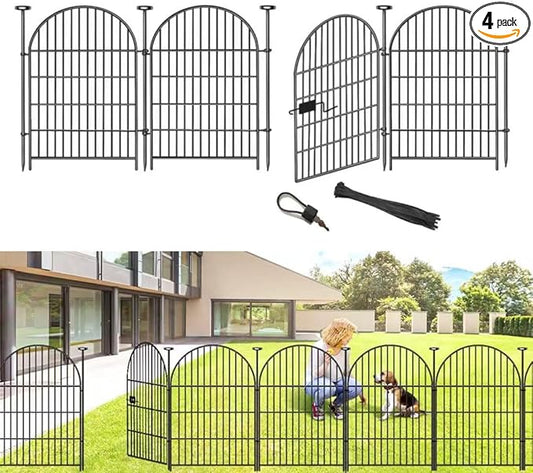Adavin Tall Garden Fence Animal Barrier, 32 in(H) X 8.8 Ft(L) 4 Panels Dog Fences Outdoor for Yard, Black Heavy Duty Metal Temporary Fence, No Dig Garden Fencing for Yard Flower Bed Lawn Patio