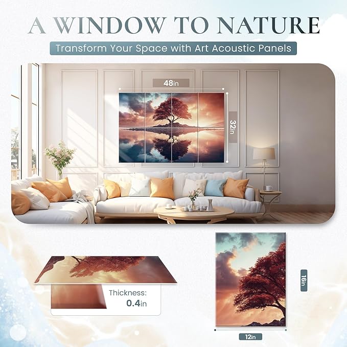 8 Pack Decorative Sound Absorbing Panels, Sound Absorbing Wall Art, 48X32 Inches Acoustic Wall Art for Decoration, Art Acoustic Panels, Acoustic Treatment, Adhesive Included, Red Maple