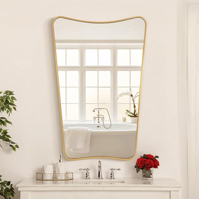 Bathroom Mirror- Irregular Wall Mirror Espejos Decorative 24"x36" Gold Aviation Aluminum Alloy Frame for Bathroom, Bedroom, Living Room, Cloakroom, Entryway