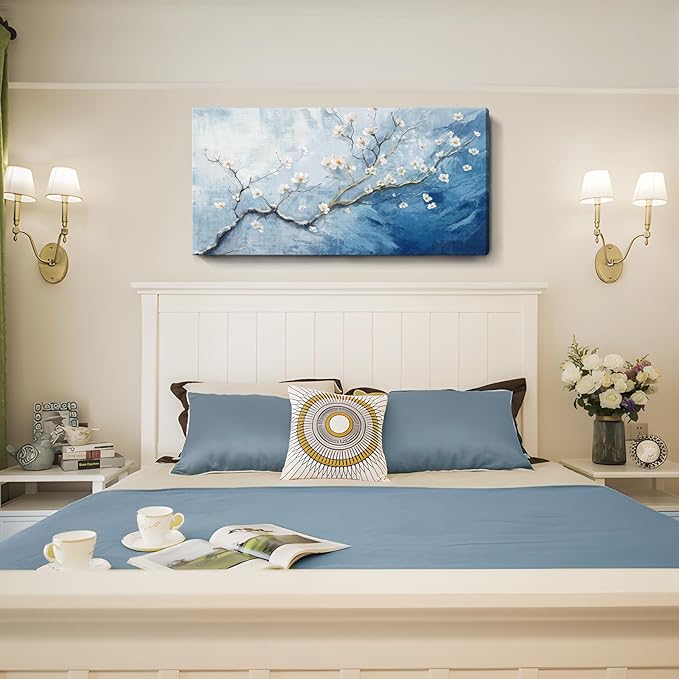 Nicetop Large Wall Art for Living Room– Blue and white Floral Canvas Art Print, Plum Blossom Flower Branch Picture Tree of Life Artwork for Modern Coastal Calming Bedroom Office Wall Decor, 48x24 Inch