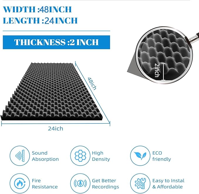 4 Pack Sound Proof Foam Panels |48"×24"×2" Quick-Recovery Soundproof Wall Panels | High Density Sound Dampening Panels for Home Studio (Black)