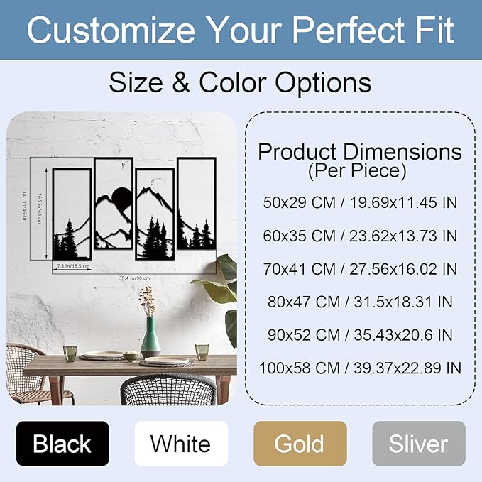 Metal Sunset Mountain Forest Wall Decor Set of 4, Minimalist Line Drawing Large Mountains Wall Art Home Decor for Living Room Bedroom Office…