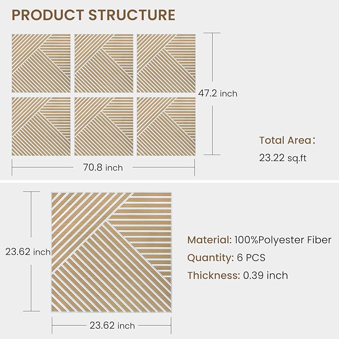 Acoustic Panels, 6 Pack 23.6" x 23.6"x 0.4" Soundproof Wall Panels, Decorative Acoustic Wall Panels, Self-Adhesive Sound Absorbing Panels for Home, Office, Studio, PVC Film Surface (B)