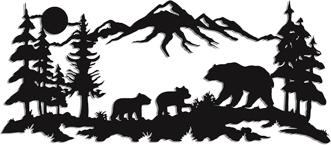 Metal Wall Art, Metal Bear Family Art, Tree Mountain Decoration, Nature Wall Decor, Wildlife Lover Gift, Wall Hangings (30"W x 13"H / 75x33cm)