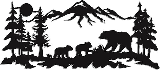 Metal Wall Art, Metal Bear Family Art, Tree Mountain Decoration, Nature Wall Decor, Wildlife Lover Gift, Wall Hangings (47"W x 20"H / 117x51cm)