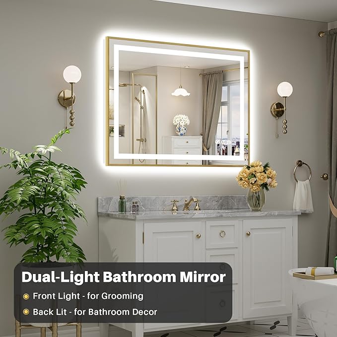48x36 Inch LED Bathroom Mirror with Gold Frame, Backlit & Front Lit, Anti-Fog Lighted Bathroom Vanity Mirror for Wall, Memory Function, Dimmable, HD Tempered Glass, Shatter-Proof