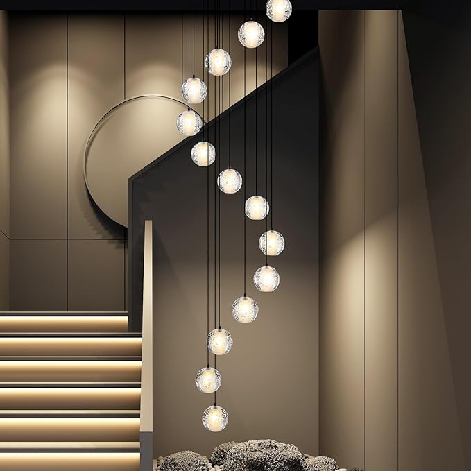 Black chandelier-14-Lights Staircase Chandelier for Living Room Hight Ceiling Foyer Pendant Lighting Fixture Modern Crystal Chandelier Spiral Stairwell Lighting Round Base Light, Warm Light