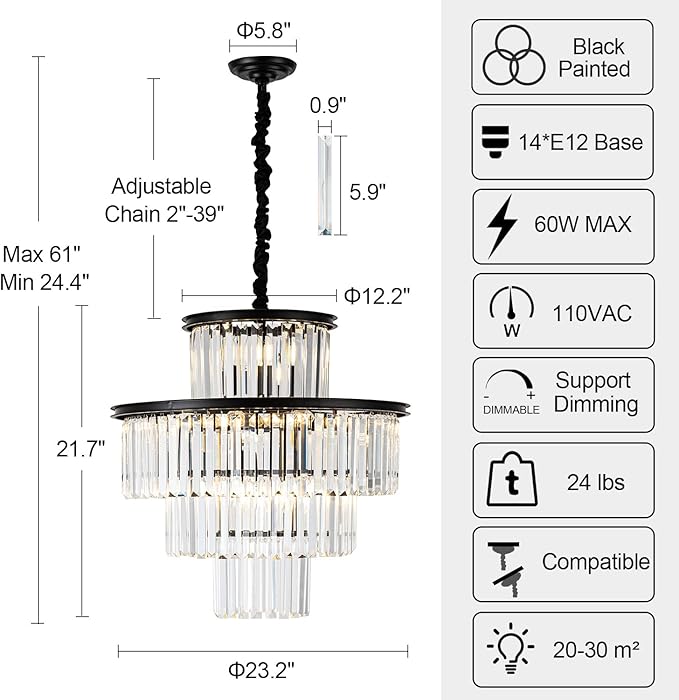 23" 14-Light Modern Crystal Chandelier Light Fixtures 4-Tier Black Luxury Chandeliers for Dining Room Round Hanging Pendant Lighting for Living Room Kitchen Entryway Bedroom Foyer Hallway