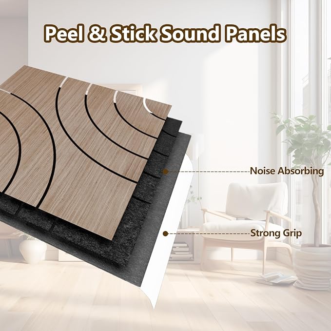 4 Packs Acoustic Wall Panels - Self-Adhesive 3D Wood Slat Wall Panel- Peel and Stick Sound Absorbing Panels for Noise Reducing - Feature Wall Decor for Home & Office