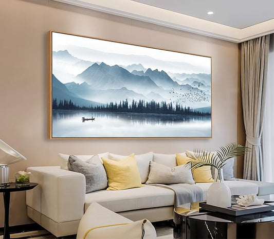 arteWOODS Indigo Framed Canvas Wall Art Misty Mountain Wall Pictures Foggy Lake Boat Painting Prints Forest Birds Artwork Wall Decor for Living Room Bedroom Decorations Framed 20" x 40" Natural