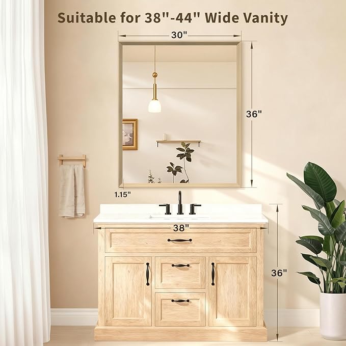 Oak Wood Effect Framed Wall Mirror, 30x36 Rectangle Mirror, 1/8" Anti-desilvering Tempered Glass, Sustainable& Sturdy Frame, Anti-Rust, HD Reflection &3min Fast Setup for Bathroom Living Room