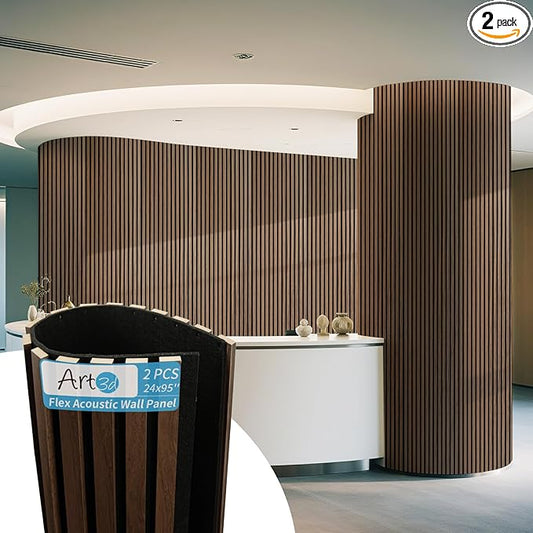 Art3d Acoustic Wood Slat Wall Panel with Roll-Flat Design - 95.3 x 23.8 Inch Sound Absorbing Panels for Living Room Columns Corridor Curved Wall Decor, 2-Pack Walnut