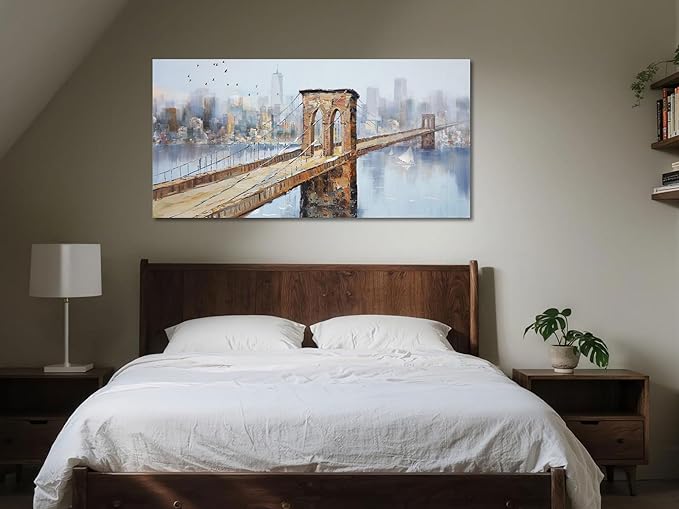 Arjun Brooklyn Bridge Canvas Wall Art New York Skyline City Painting, NYC Picture Textured Artwork Framed for Bedroom Living Room Home Office Wall Decor, Extra Large 58"x29"