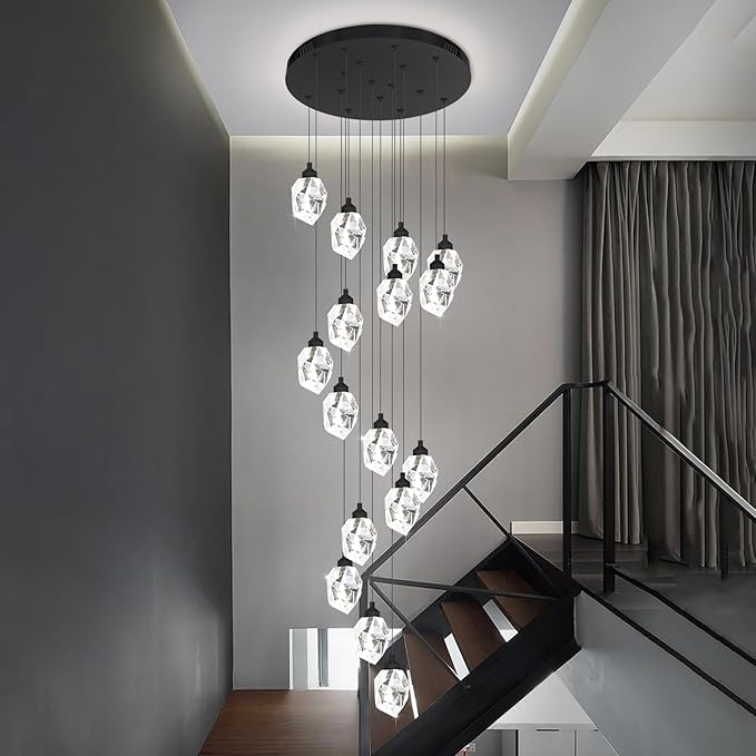 16-Lights Black Spiral Staircase Crystal Chandeliers 130 inch Long Chandelier High Foyer Ceiling Chandelier LED Dimmable 3000-6000K