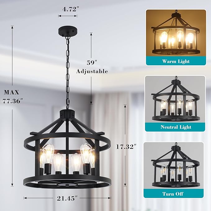 21.5'' Large Black Chandeliers Farmhouse Light Fixtures Vintage Rustic Cage Pendant Light Kitchen Island for Dining Room Foyer Entryway Living Room