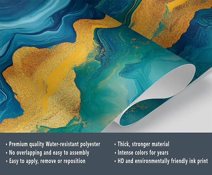 Blue Gold Marble Mural Wallpaper, 3D Turquoise Murals, Modern Fashion Marble Murals Wallpaper for Living Room Bedroom Tv Background Wall Home Decor Mural (Not Peel Stick)