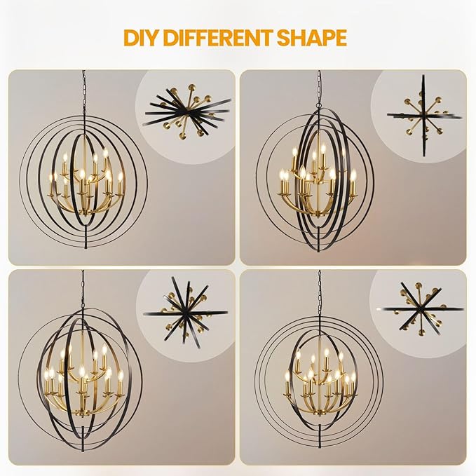 Black and Gold Chandelier, 12-Light Farmhouse Chandelier for Entryway, 31.5" Extra Large Round Pendant Light Fixtures, Foyer Chandeliers for High Ceilings, Rustic Ceiling Foyer Lighting Fixtures