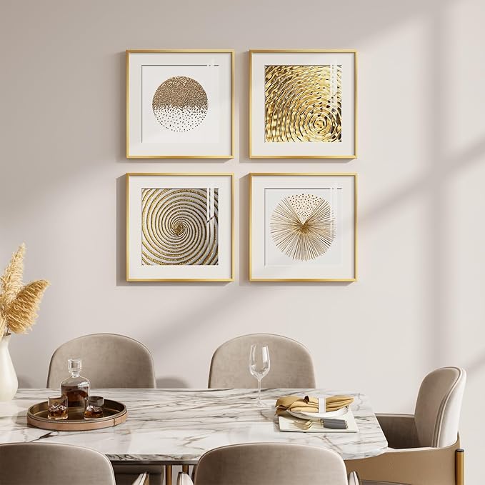 4 Pcs Framed Modern Canvas Wall Art, Gold and White Minimalist Pictures Prints, Luxury Geometric Painting Artwork Home Decoration for Hallway, Bathroom, Dining Room and Living Room