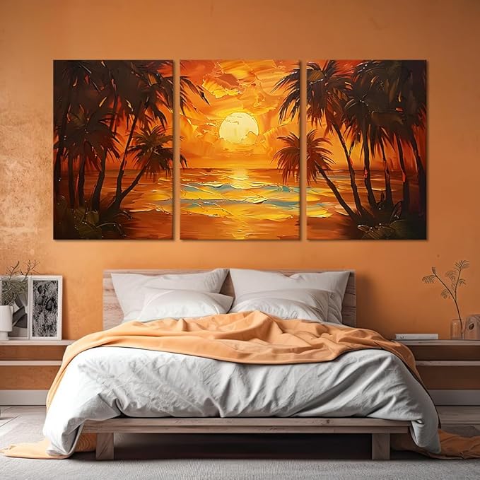 MAMAGO 3 pieces Sunset Landscape Wall Art Large Coastline Coconut Trees Oil Painting Print Modern Beach Poster Hallway Bathroom Office Apartment Decor Framed Easy to Hang-24”W x 36”Hx3pcs