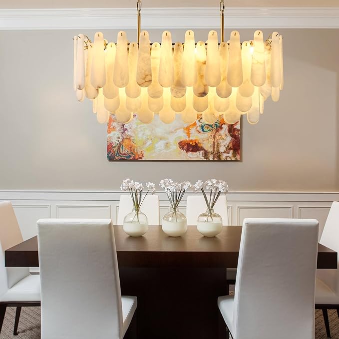 Chandeliers for Dining Room, L39.4in Modern Alabaster Rectangle Brass Chandelier, 4-Tiers Luxury Natural Stone Ceiling Light Fixture, White Marble Chandeliers for Kitchen Island Living Room