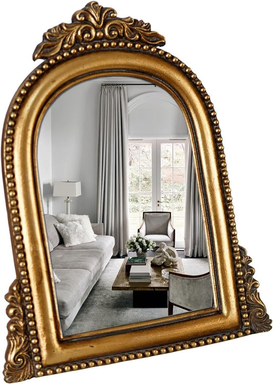 OIGUMR Smaller Vintage Gold Ornate Baroque Mirror Vanity Desk Table Mirror Arched Makeup Mirror with Resin Frame 9.6X6.5 inch