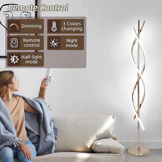 LED Modern Floor Lamp for Living Room, 40W 3 Colors Stepless Dimmable and Color-Changing Bright Floor Standing Lamp,60" Unique Spiral Floor Tall Lamp for Bedroom Office with Remote,Gold