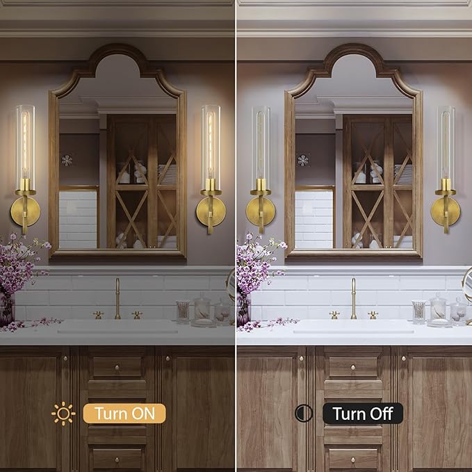 Brass Wall Sconces Set of Two, 19.48" Modern Wall Lighting with Clear Glass Tube, Bathroom Vanity Lights, Bronze Sconces Wall Lights for Bedroom, Living Room, Hallway, Staircase (Including Bulb)