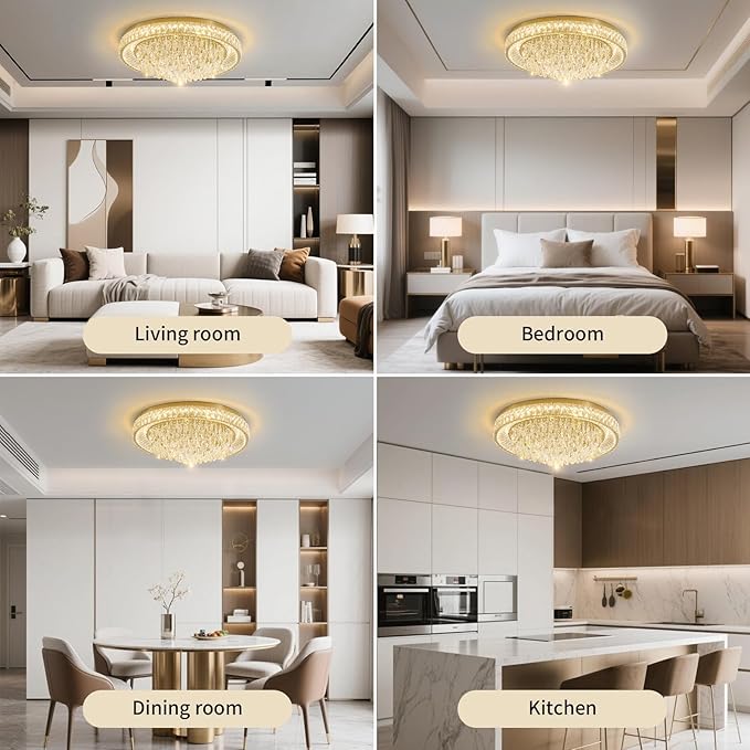 30" Ceiling Crystal Chandeliers: K9 Crystals 3 Color Temperature Led Light Dimmable with Remote - Modern Gold Chandelier Crystal Flush Mount Ceiling Lights for Dining Room Living Room Bedroom Entryway