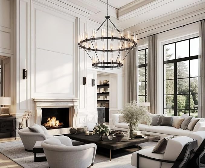 Large Black Chandelier, 30 Light Wagon Wheel Chandelier with Glass Shade,60 Inch Round Industrial High Ceilings Pendant Lighting Fixture for Dining Living Room, Kitchen Island, Foyer