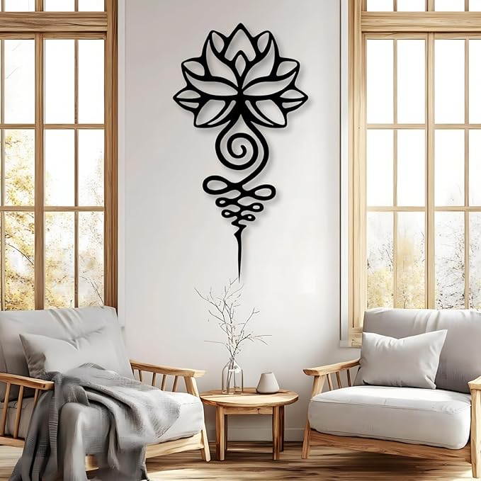 kuestboy Lotus Metal Wall Art,Minimalist Black Line Art Mandala,Spiritual Zen Flower Decor Hanging Sign for Home Room Decor (42" x 22" / 106x55cm)