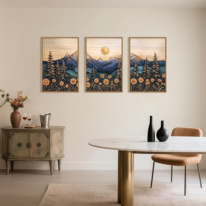 Large Natural Floral Mountain Framed Canvas Wall Art,Vintage Forest Wall Decor,Boho Abstract Moonlight Landscape Artwork,Mid Century Scenery Art Print for Living Room,Bedroom,Office- 16"x24"x3