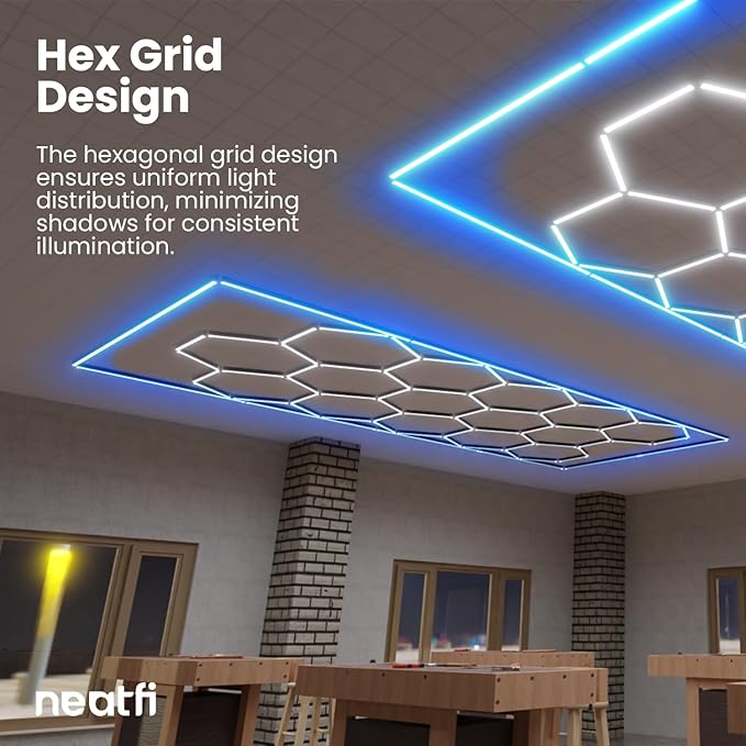 Neatfi LED Hexagon Garage Light 60,720 Lumens, 552W, Honeycomb Ceiling Light for Car Detailing, Auto Shops, Workshop, Warehouse, and Gym (15 Hex Grids, Blue)