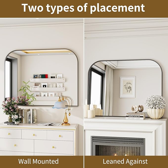 Black Wall Mounted Bathroom Mirror - 38 x 30 Inch Round Cruved Top Right Angle Bottom Wide Wall Mirror, Aluminum Metal Framed, Decor for Living Room, Bedroom, Fireplace, Mantle, Entryway