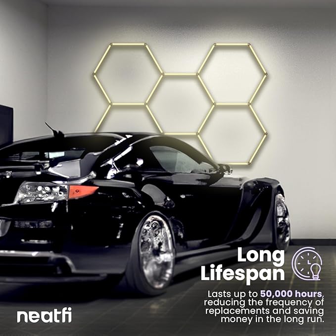 Neatfi LED Hexagon Garage Lights with 14,763 Lumens, 3 Light Modes (6900K/4300K/3000K), 133W Hexagon LED Lights for Car Detailing, Barber Shops, Basements, Beauty Salons & Gyms (5 Hex Grids, CCT)