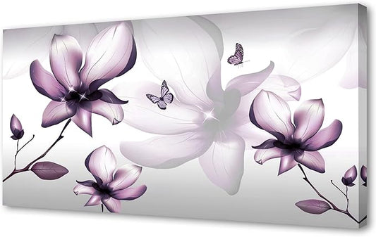 Muolunna BK06562 Purple Magnolia with Butterfly Flower Canvas Wall Art Picture 1 Panel 3D Wallpaper Modern Art Prints Painting for Bedroom Modern Office Wall Decor Artwork
