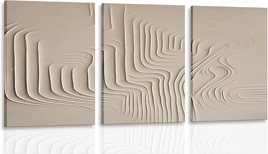 3Pcs Framed Beige Cream Abstract Textured Line Art Curved Canvas Wall Art Prints Posters Pictures Paintings Wall Decor for Minimalist Boho Living Room Bedroom Office Decoration