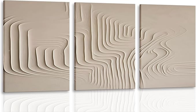 3Pcs Framed Beige Cream Abstract Textured Line Art Curved Canvas Wall Art Prints Posters Pictures Paintings Wall Decor for Minimalist Boho Living Room Bedroom Office Decoration