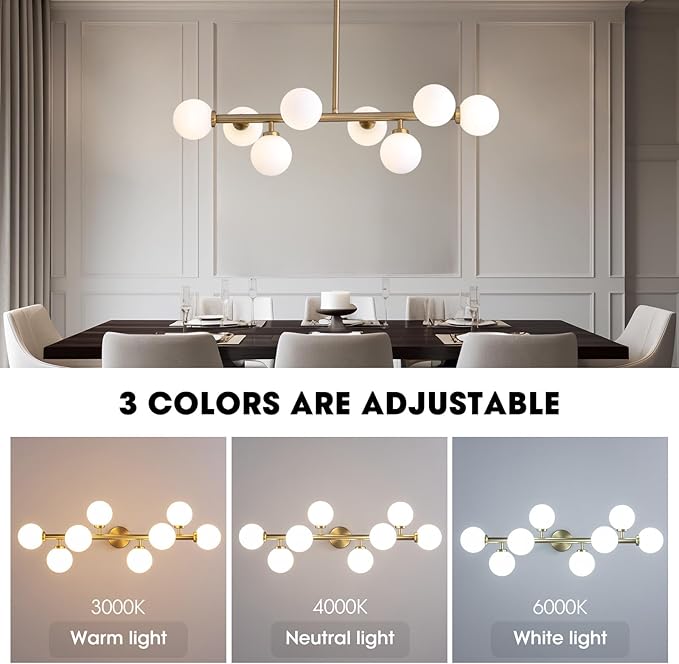 Modern Linear Chandelier, Mid Century Gold Brass Sputnik Pendant Light with White Glass Lampshade,8 Lights Globe Rectangle Chandelier,for Dining Room Kitchen L31.4 xW10.6