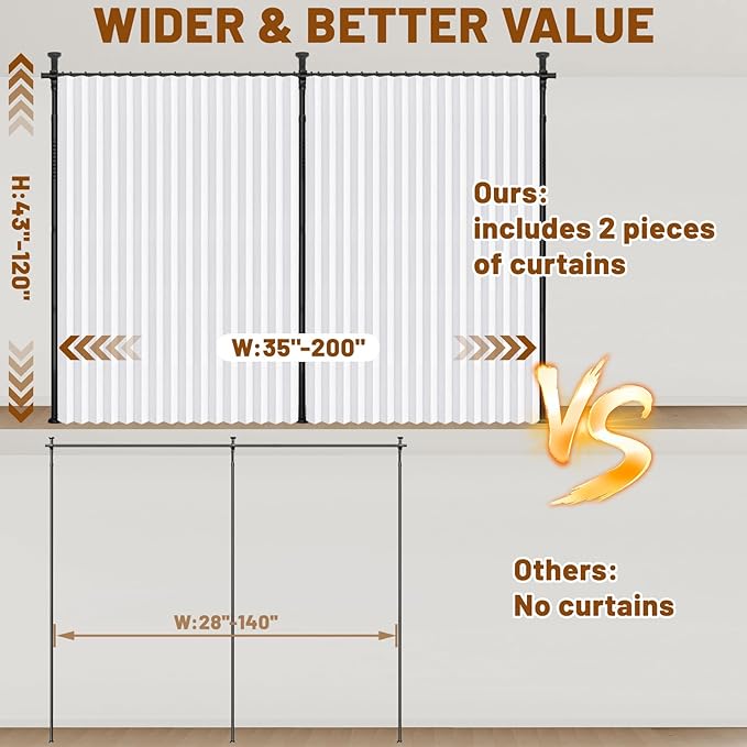 AJAZZ Privacy Curtains for Room Divider with Blackout & Soundproof (2 Panels, White, W100 x L84 in)+ No Drill Curtain Rod(H) 43-120×(W) 35-200 in, Wall Divider for Bedroom/Studio/Office Curtain