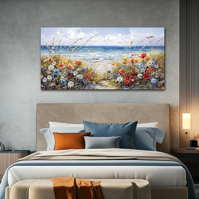 MHARTK66 Canvas Wall Art For Living Room Farmhouse Bedroom Wall Painting Blue Beach Ocean Pictures Office Photos Watercolor Wall Decor Flowers Nature Artwork For Walls Modern Home Decorations