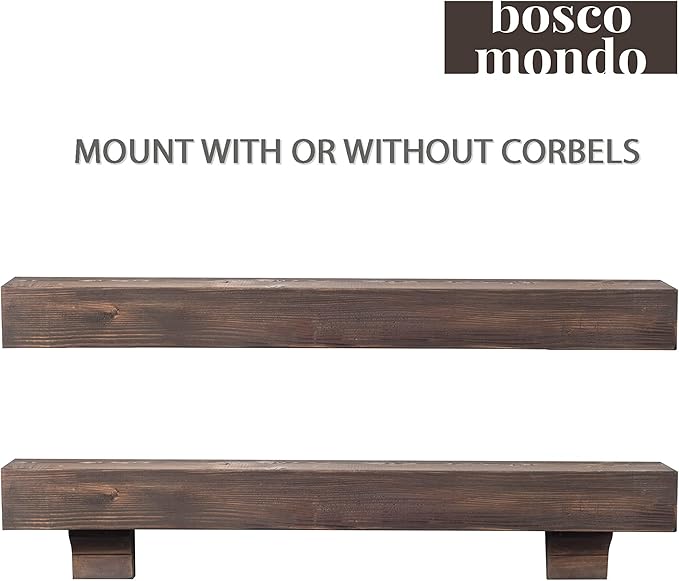 BoscoMondo Rustic Fireplace Mantel Shelf with Corbels- Pine Wood - Wall Decor, Mounted Farmhouse Shelving (66", Dark Brown)
