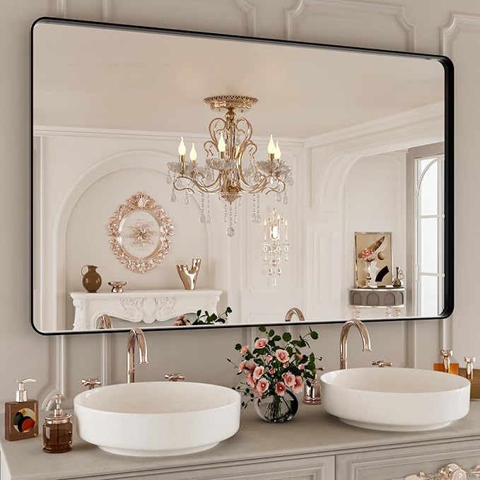 48x30 Inch Black Bthroom Mirror,Black Metal Frame Vanity Mirror,Rounded Rectangular Matte Black Wall Mirrors,Tempered Glass,Anti-Rust,Horizontal or Vertical