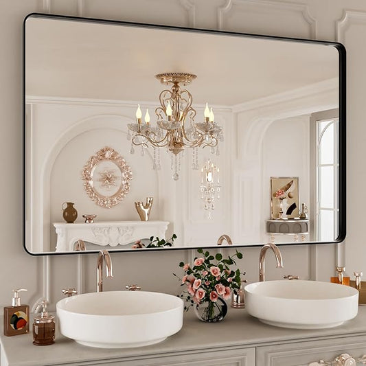 48x30 Inch Black Bthroom Mirror,Black Metal Frame Vanity Mirror,Rounded Rectangular Matte Black Wall Mirrors,Tempered Glass,Anti-Rust,Horizontal or Vertical