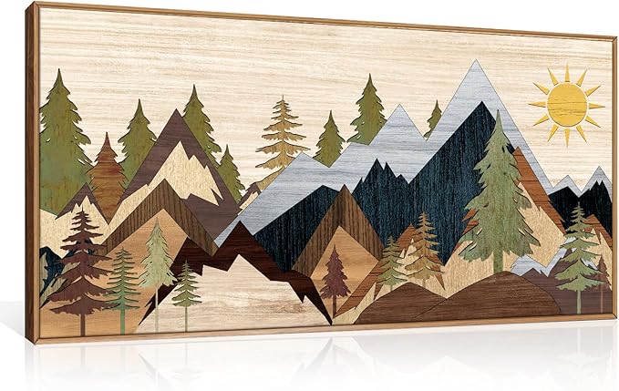 Ausril Mountain Pine Tree Framed Canvas Wall Art Set, Nature Wilderness Illustration Wall Decor, Woodcut Forest Wall Painting, Mid Century Modern Art Print for Living Room Bedroom Office 20"x40"