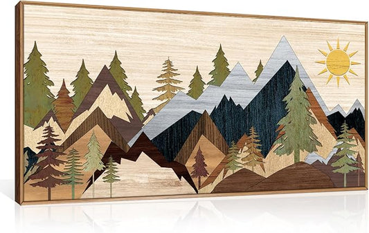 Ausril Mountain Pine Tree Framed Canvas Wall Art Set, Nature Wilderness Illustration Wall Decor, Woodcut Forest Wall Painting, Mid Century Modern Art Print for Living Room Bedroom Office 20"x40"